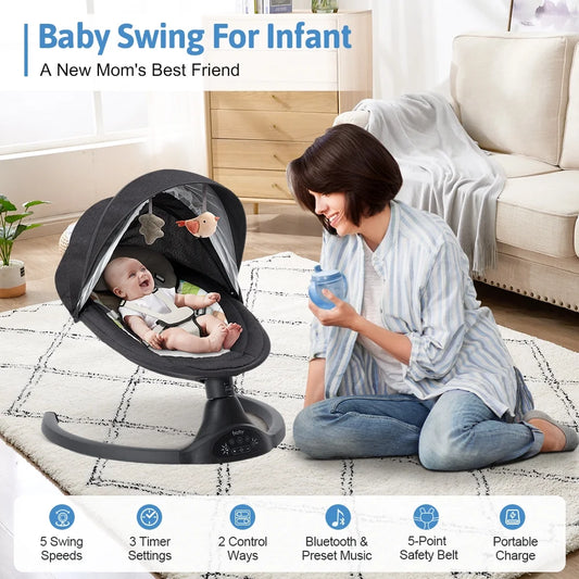 Baby Swing for Infant, Electric Bluetooth Music Bouncer Rocker with 5 Sway Modes, 3 Timing, Black