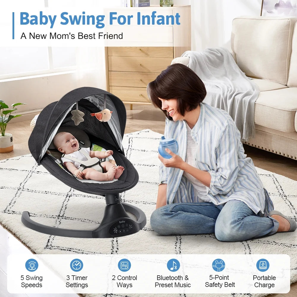 Baby Swing for Infant,  Electric Bluetooth Music Bouncer Rocker with 5 Sway Modes, 3 Timing, Black