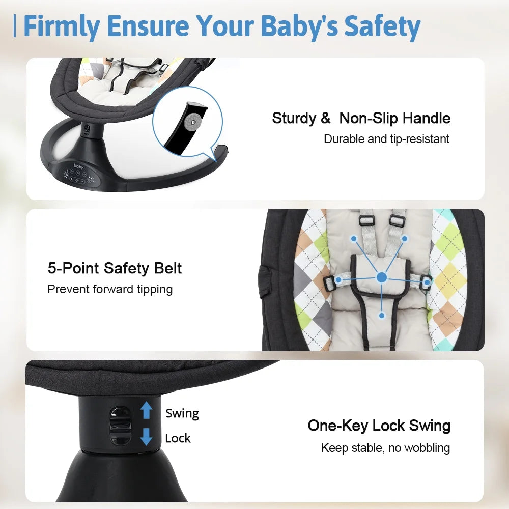 Baby Swing for Infant,  Electric Bluetooth Music Bouncer Rocker with 5 Sway Modes, 3 Timing, Black