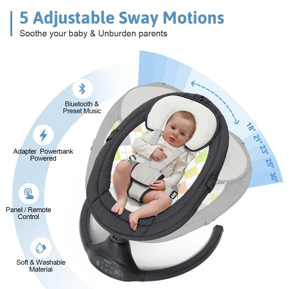 Baby Swing for Infant,  Electric Bluetooth Music Bouncer Rocker with 5 Sway Modes, 3 Timing, Black