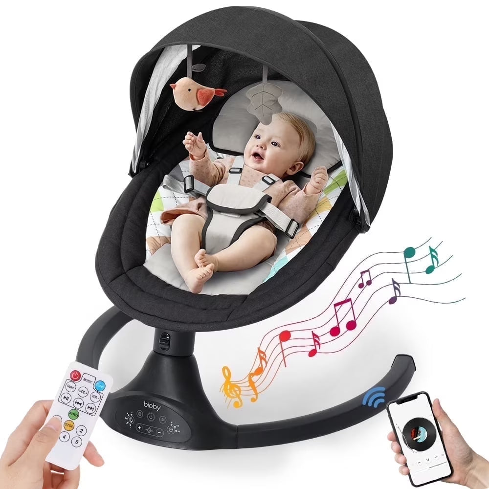 Baby Swing for Infant,  Electric Bluetooth Music Bouncer Rocker with 5 Sway Modes, 3 Timing, Black